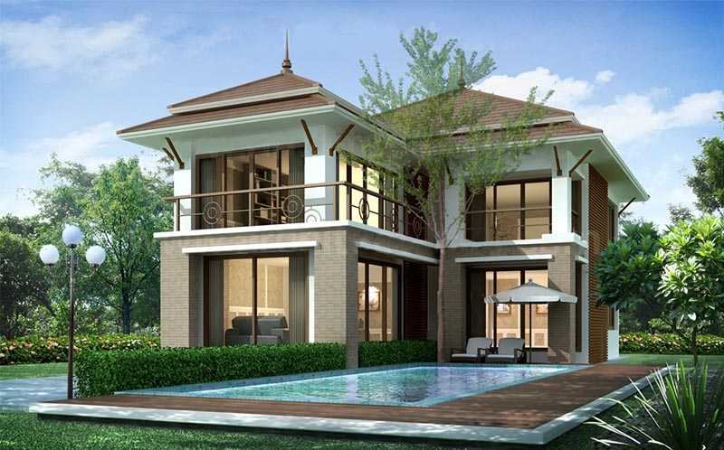 45 Mẫu biệt thự nhà vườn đẹp với xu hướng của nhôm kính hiện đại 17 Biệt thự 310m2 mái thái 2 tầng có bể bơi hiện đại